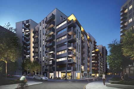 Exterior CGI of a residential development by 5PA Architects - nighttime view
