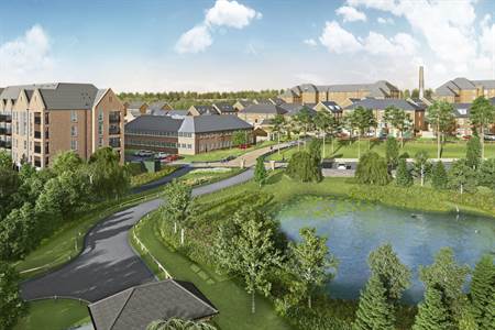Exterior CGI from Cam5 of a residential development by Redrow view accross lake