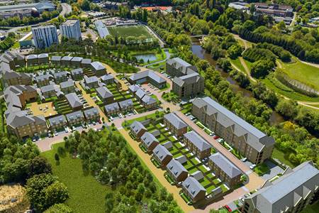 Ariel view montage combining CGI of a residential development in surroundings