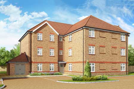 CGI image of a three storey residential apartment block viewed from the road