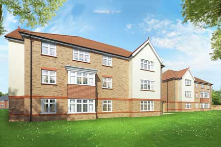 CGI image of a three storey residential apartment block viewed from the rear gardens