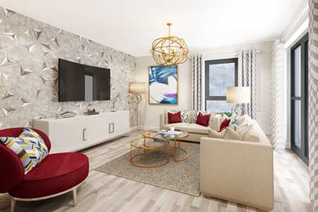 Interior CGI image of an apartment living room